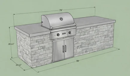 Line drawing mockup of a grill island with dimensions marked