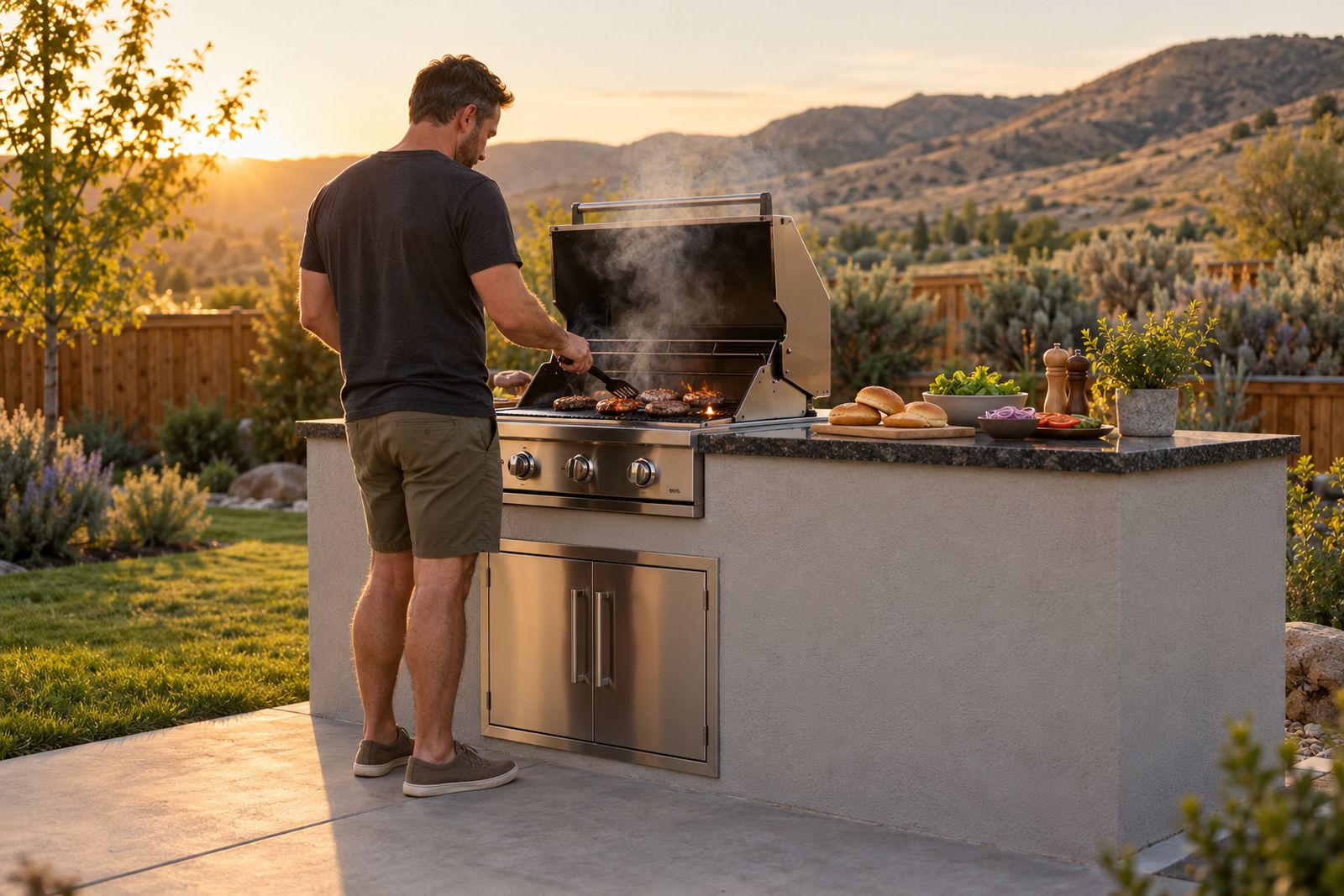 Man grilling on a stucco outdoor kitchen island on a backyard patio at sunset